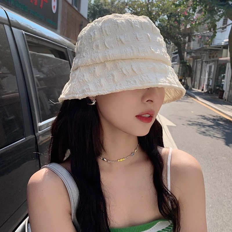 Seersucker Fisherman Hat Women's Spring and Summer Thin Breathable Korean Style Face-Showing Small Bucket Hat Big Head Circumference Versatile Hat Trendy