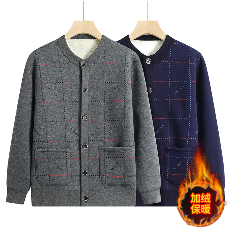 Autumn and Winter Dad's Cashmere Warm Cardigan Top Middle-aged and Old Men's fleece-lined Thickened Grandpa's Autumn and Winter Warm Jacket