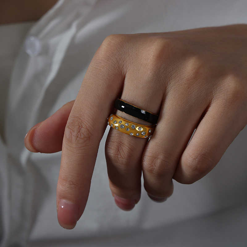 Korean Style Ins Style Personalized Double Layer Overlapping Design Color Weight Drop Glaze Inlaid Czech Diamond Titanium Steel Gold-plated Ring