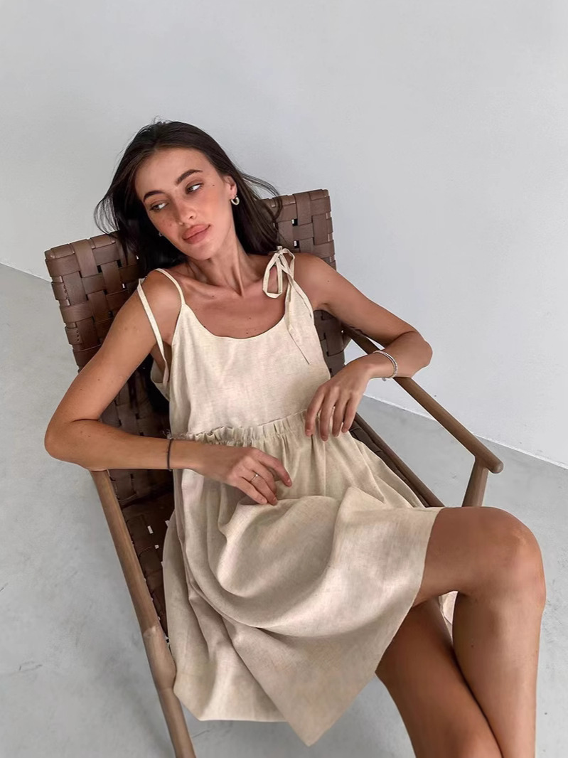 European and American Style Cross-Border 2026 Spring and Summer Urban Sexy Cotton and Linen Style Spaghetti Strap Dress Women's High-End Dress