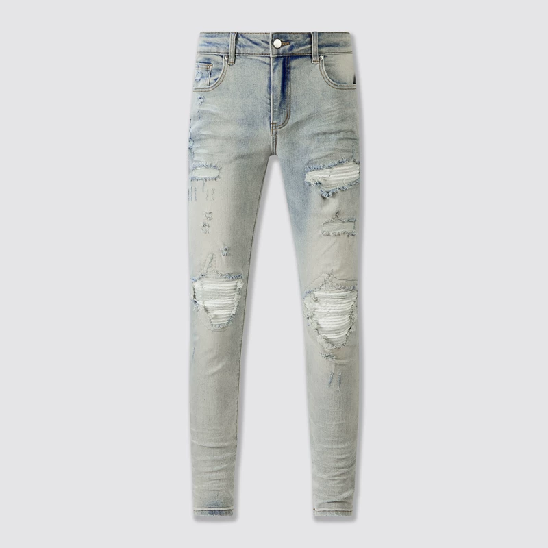 Guangzhou Light Luxury American High Street Trendy Brand New Light colored Grinding White Punched Jeans Men's Patch Elastic Slimming Small Feet