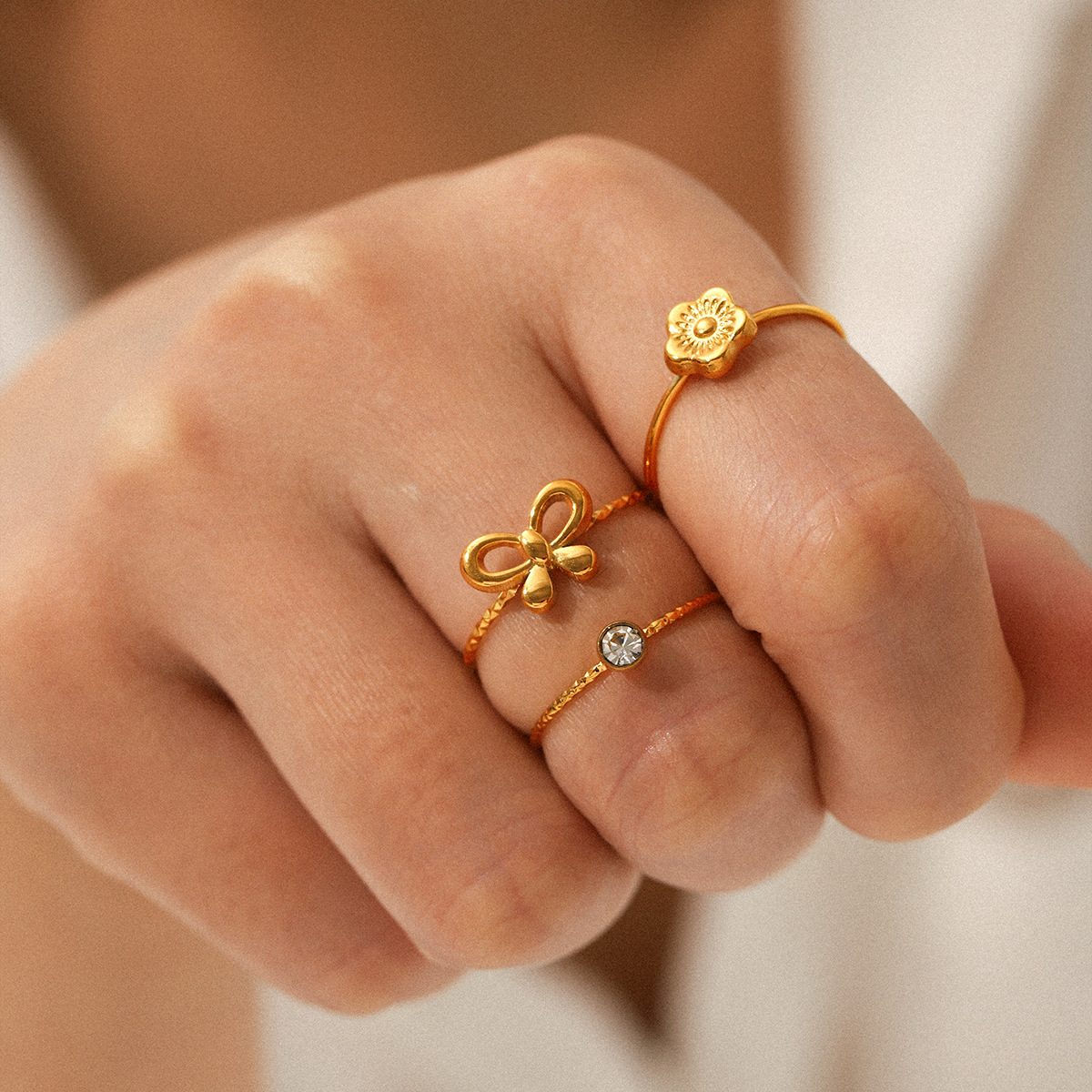 European and American 18K Gold-Plated Stainless Steel Bow Flower Open Ring Set Ins Style Zircon Ring for Women That Does Not Fade