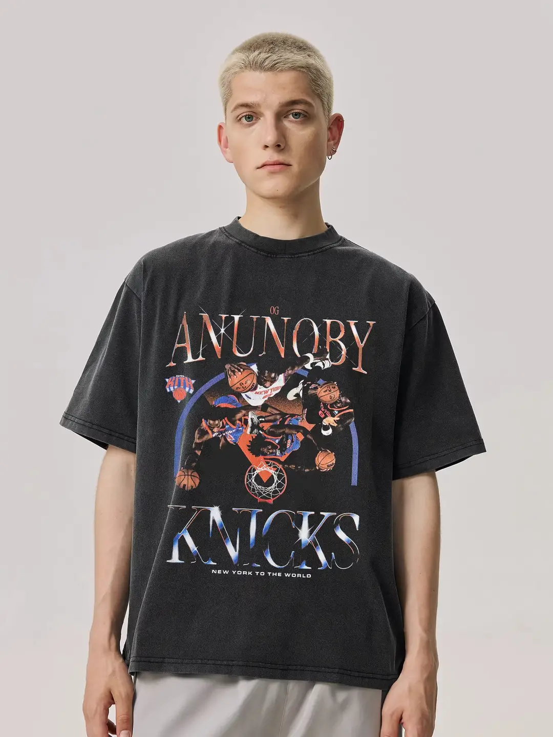 Kith2025 Washed and Distressed Og Anunoby Printed Loose-Fit New York Knicks Unisex Short-Sleeve Crew Neck T-Shirt