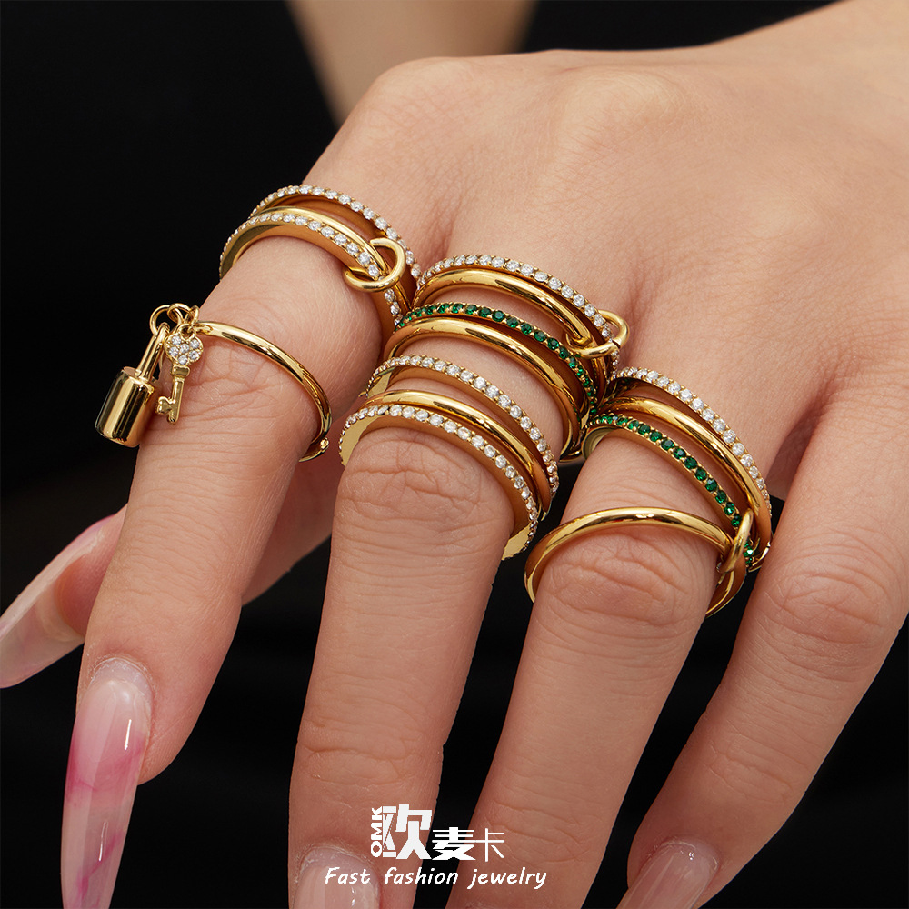 Micro-Paved Zircon Small Lock Key Tassel Open Ring Exquisite Stacked Three-Ring 5A Zircon Personalized Fashion Hand Jewelry for Women