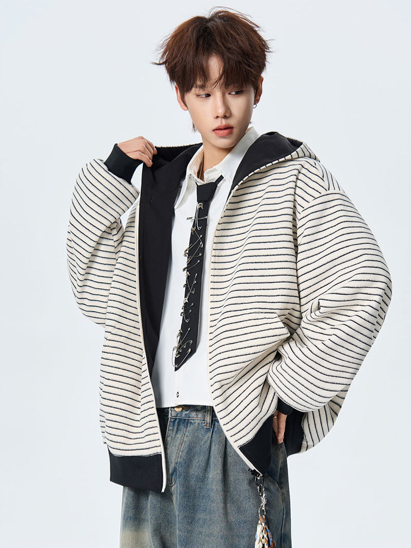 Jianheng Reversible Striped Cardigan Sweatshirt, Spring High-End Style, Niche American Retro Cool Men's and Women's Jacket