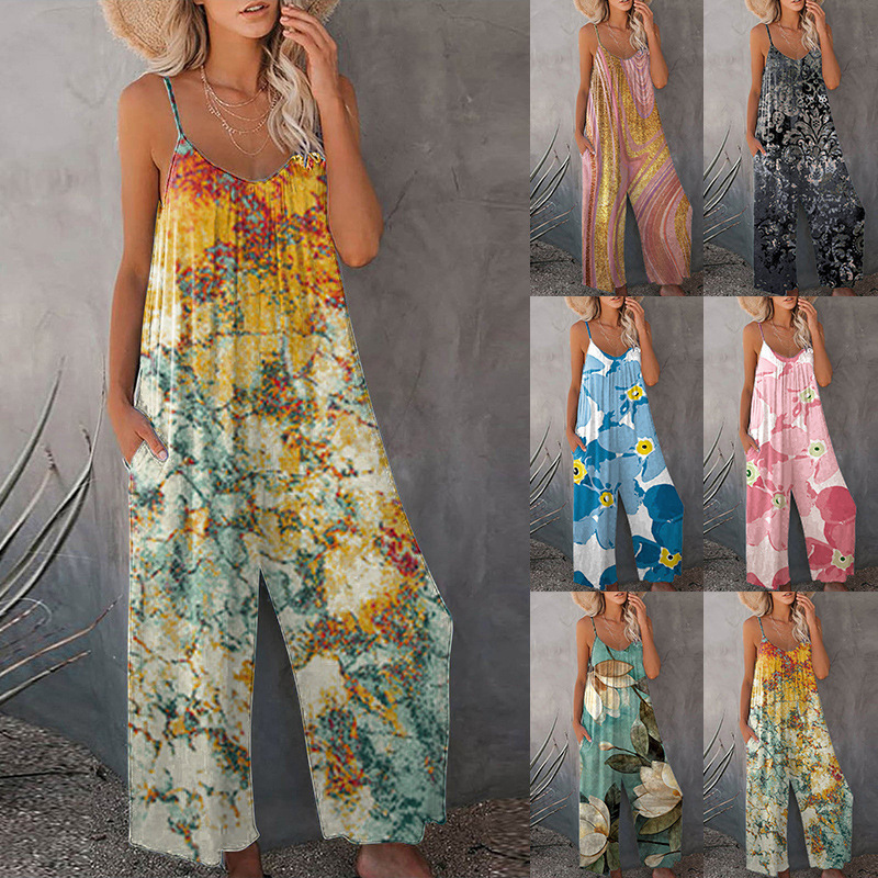 Amazon eBay foreign trade European and American women's jumpsuit 2023 camisole jumpsuit tie-dyed wide leg pants
