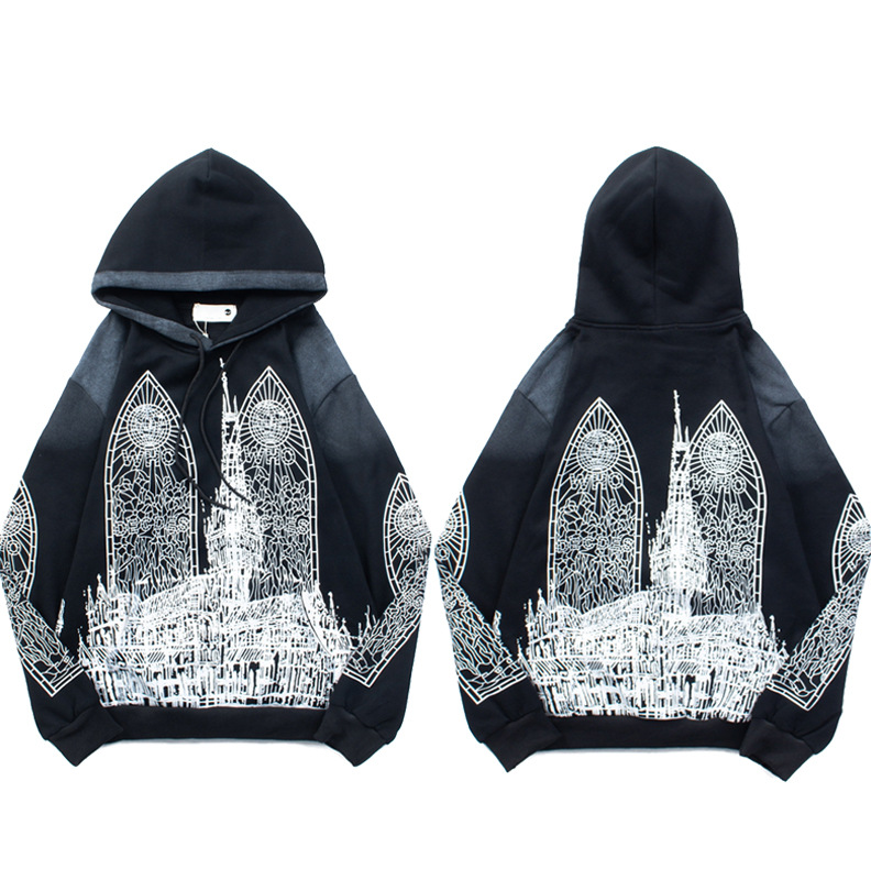 American Style Trendy Brand Vintage Mud Dyed Old Metropolis Pattern Printed Hip Hop High Street Star Same Style Hooded Sweatshirt