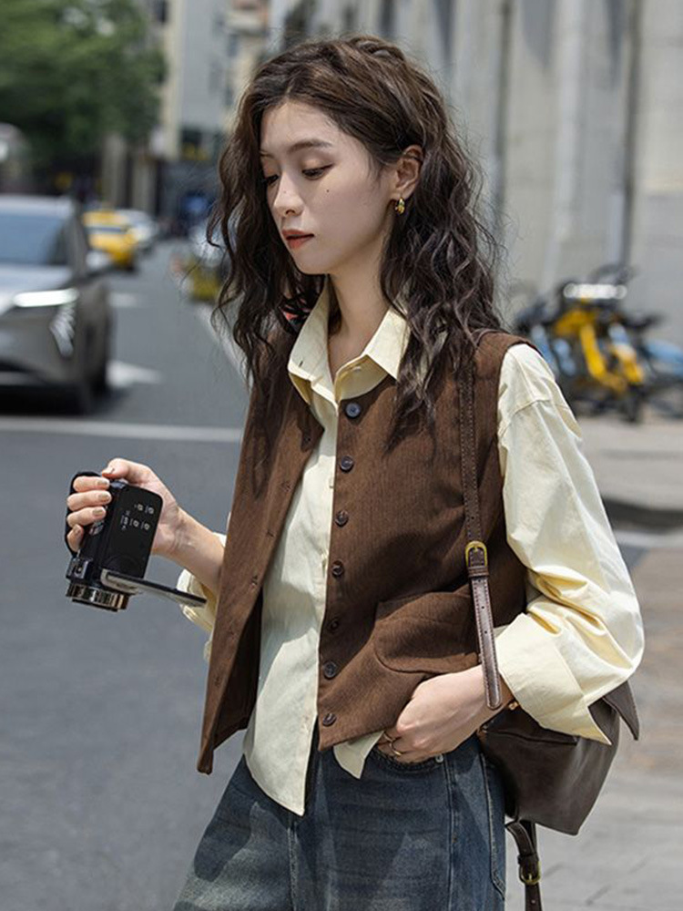 【Two-Piece Set】French-Style Spring and Autumn Long-Sleeve Shirt for Women + Casual Vest Outerwear Fashion Set