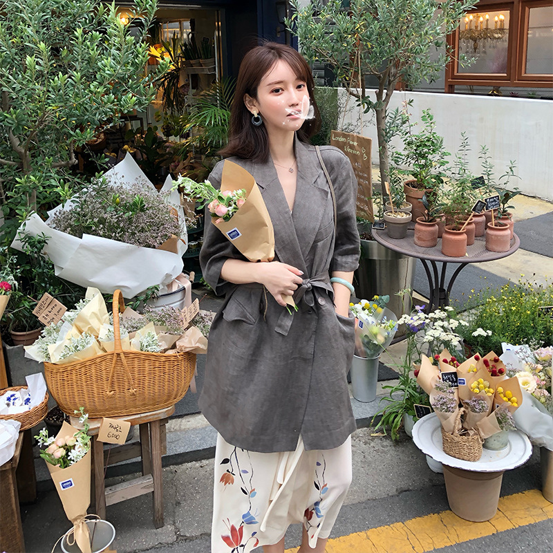 [Simeng] feminine girls' suit spring and summer versatile thin Korean chic linen coat for women