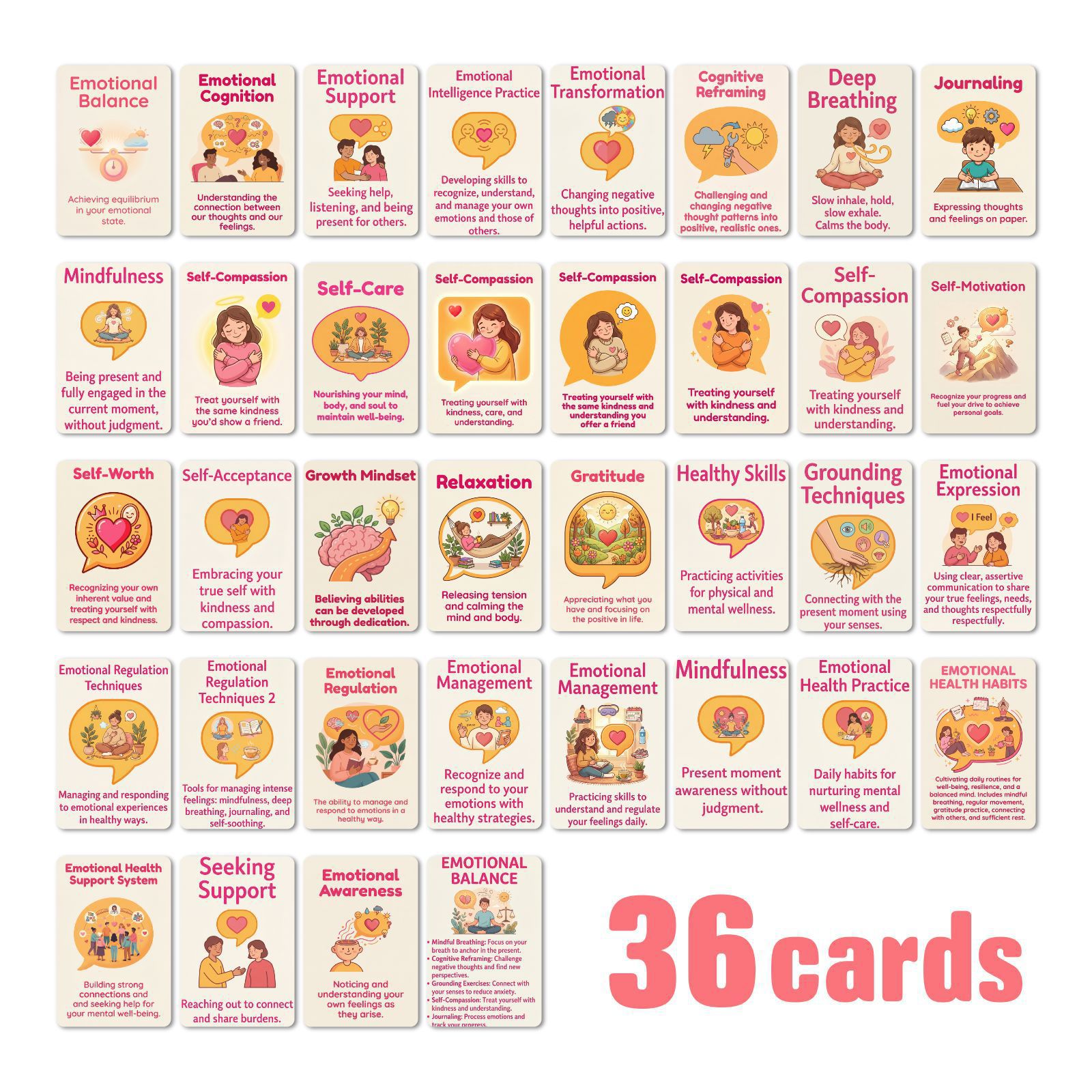 Emotional Health and Psychological Healing Cards Set of 36 Pieces, Ins-Style Journaling Materials, Wall Decoration, Mindfulness Practice Cards
