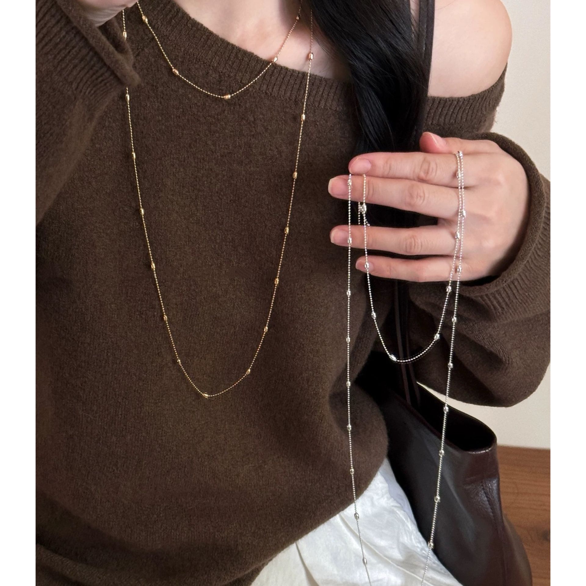 Double-Layered Long Elegant Stacked Rice Bead Chain Necklace for Women, High-End Accessible Luxury Niche Sweater Chain, Autumn and Winter Versatile Accessories