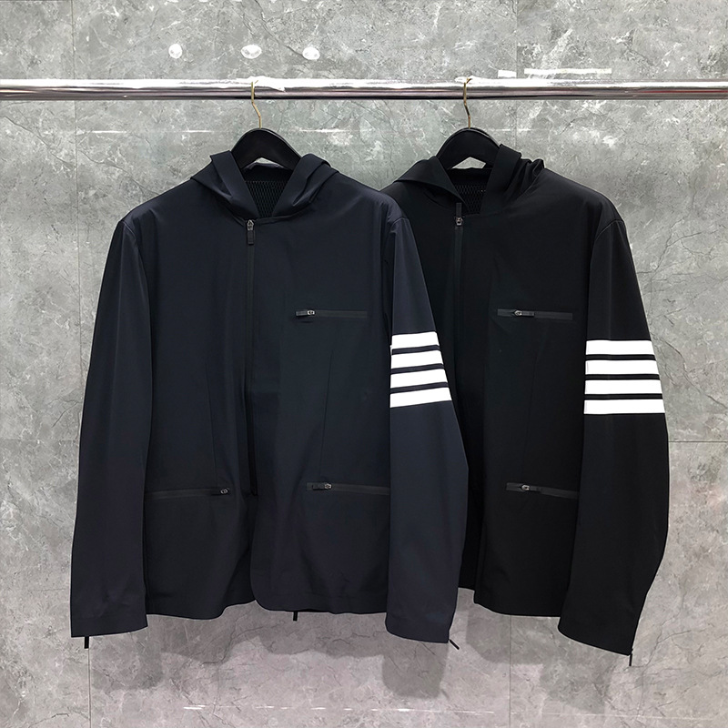 Dongguan brand factory direct sales tb jacket men's new spring and autumn pilot hooded adhesive white four-bar coat