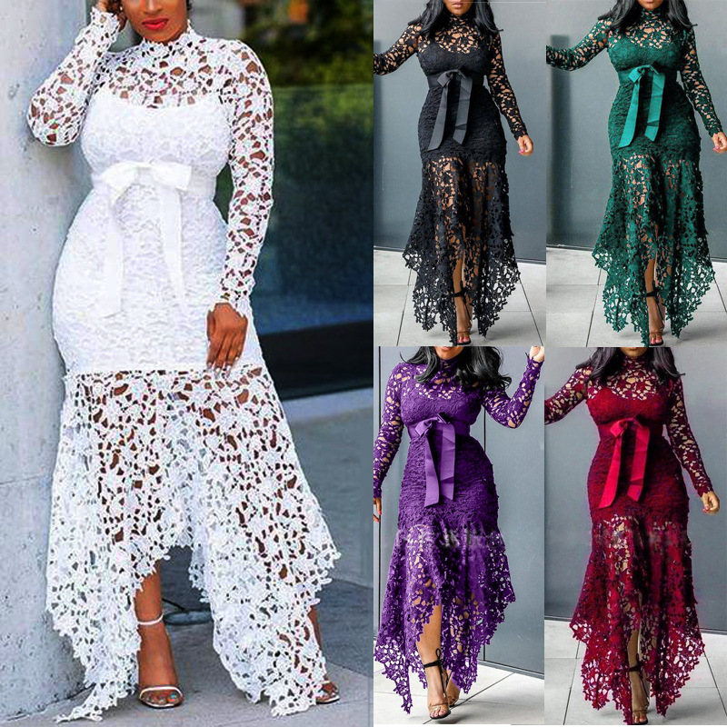 2025 New European and American Export Women's Wish Lace Cut Out Long-Sleeved Stand-Up Collar Lace-Up 5-Color Asymmetrical Dress