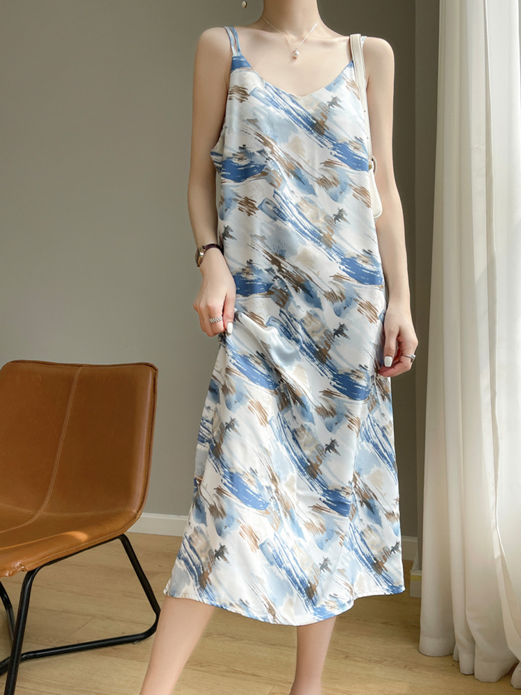Mulberry Silk Shoulder Strap Over-the-Knee Long Dress Sleeveless Base Dress Silk Satin Silk Skirt