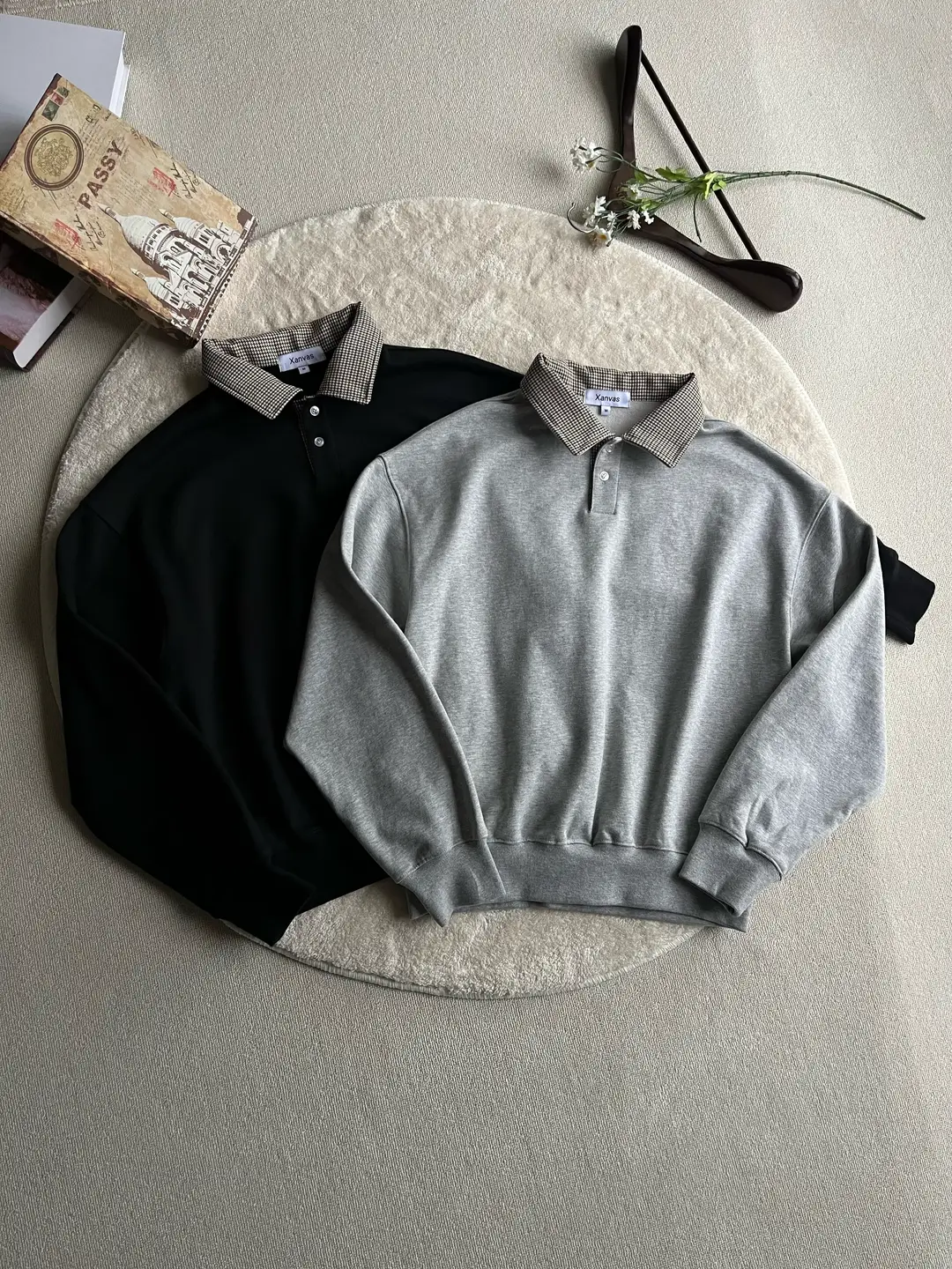 Xanvas Houndstooth 450g Liquid Ammonia Air Cotton Polo Collar Button Sweatshirt Floral Gray Black Pullover Lapel Old Money