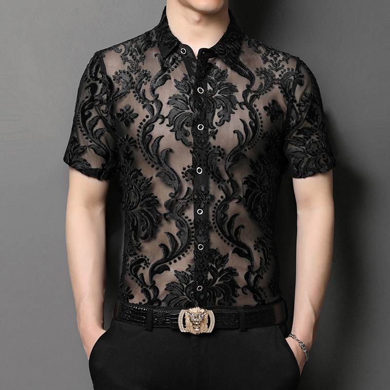 Summer New Men's Short-sleeved Shirt Fashionable Korean-style Flocking Thin Loose Ice Silk Top Trendy Half-sleeved Shirt