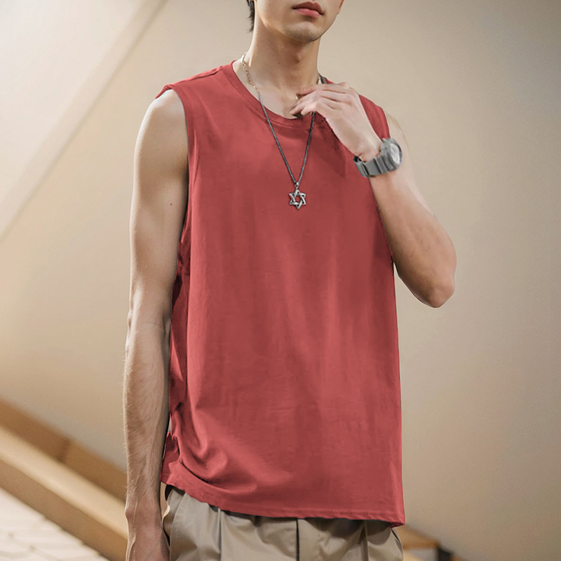 Men's Vest Summer Outer Wear Pure Cotton Sleeveless T-Shirt Loose Fitness Sports Waistband Shirt Basketball Hurdle