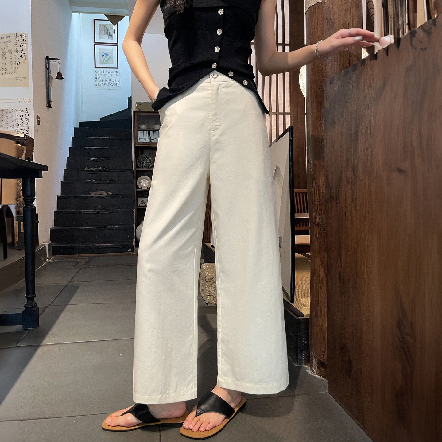 White Suit Wide-Leg Pants for Women, 2026 Summer Thin Style, Petite Narrow Version, Slimming Straight-Leg Korean Style Cropped Casual Pants