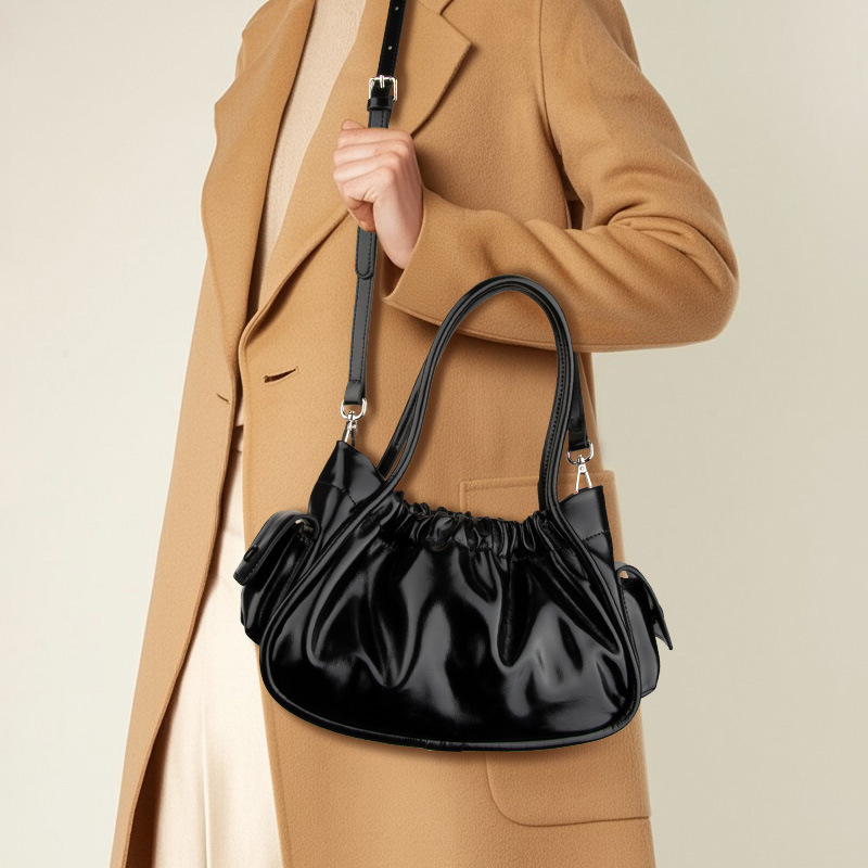 Genuine Leather New Niche Style Cloud Bag for Women, Retro Pleated Handbag, First Layer Cowhide Shoulder Crossbody Bag for Women