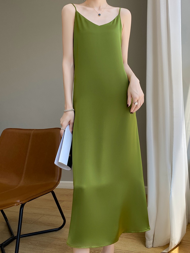 2026 Summer New Style V-Neck Satin Suspender Long Dress, Fashionable French Satin Style Sleeveless Inner Dress