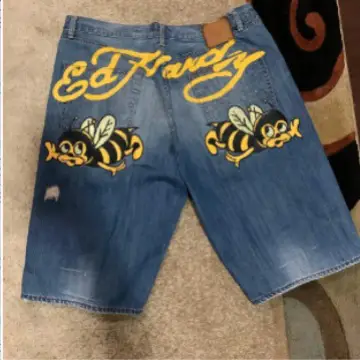 Summer new fashion cute bee letter print Denim shorts European and American fashion casual wide leg straight shorts