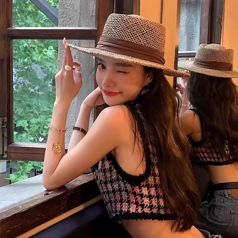 French-Style Flat-Brimmed Hollow-Out Straw Woven Sun Hat for Women, Summer Beach Vacation Hat, Old Money Style Sun Protection Hat