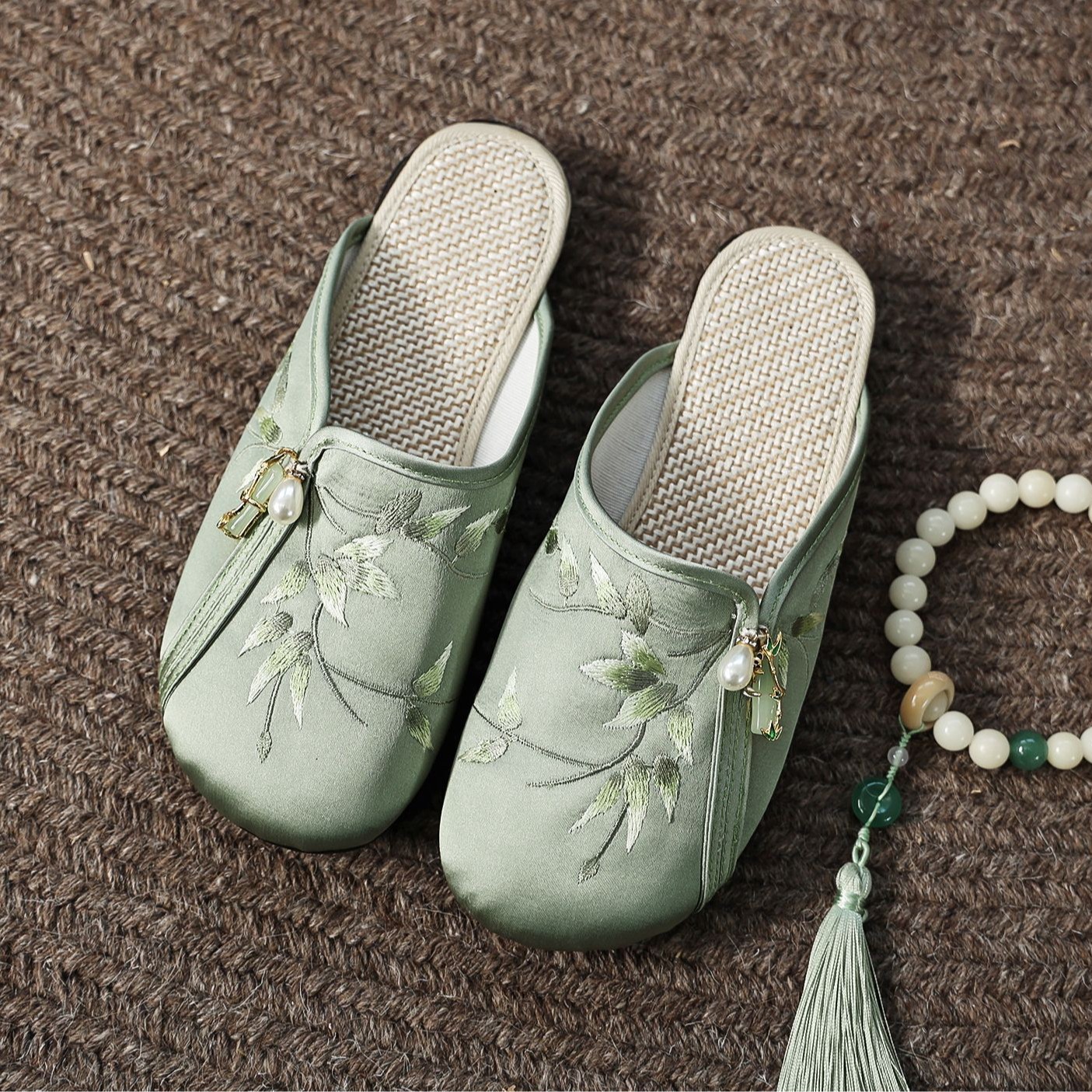 Summer Satin Embroidered Half-Slippers for Home and Outfit Women's Folk Embroidered Shoes
