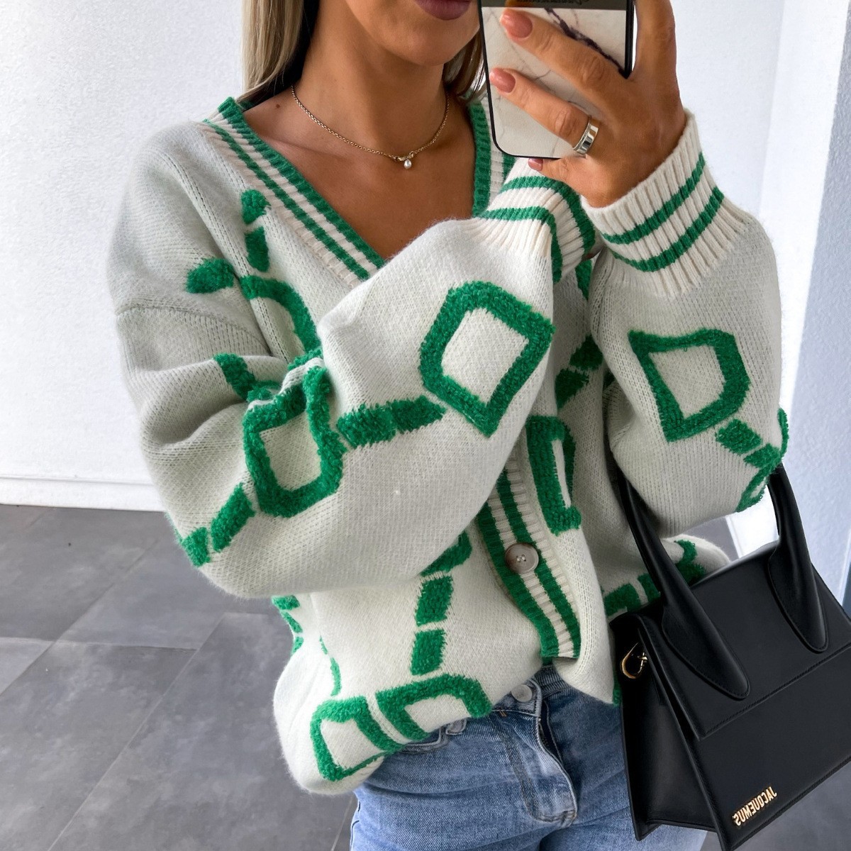 Amazon Towel Embroidered Jacquard V Neck Knitted Cardigan 2025 Autum New European and American Style Cross-Border Export Sweater for Women