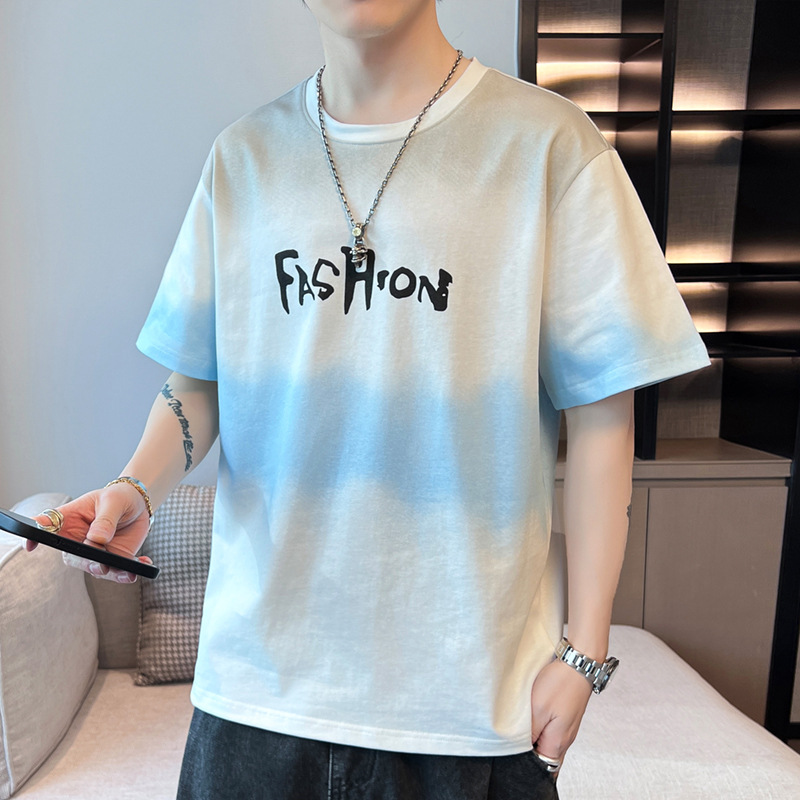 Fashionable Printed Color-Block Short-Sleeve T-Shirt for Men, New Summer Style, Hong Kong Style Trendy Loose Student Casual Ins Pure Cotton Top