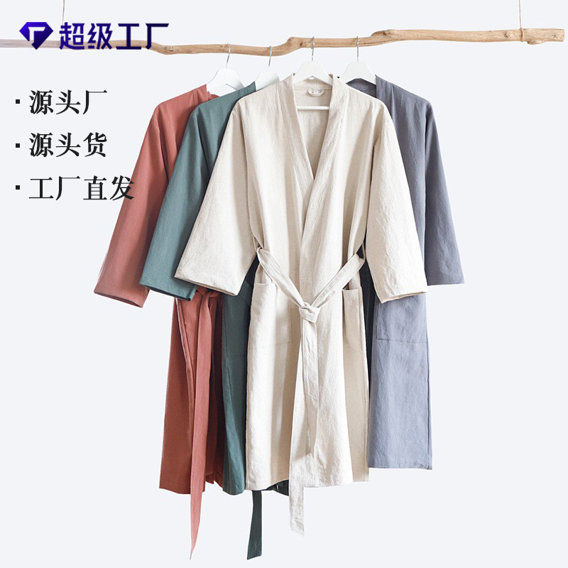 Lusu Four Seasons Cotton Linen Bathrobe Home Clothes Hanfu Pajamas for Men and Women Couple Japanese Kimono Style Homestay Hotel