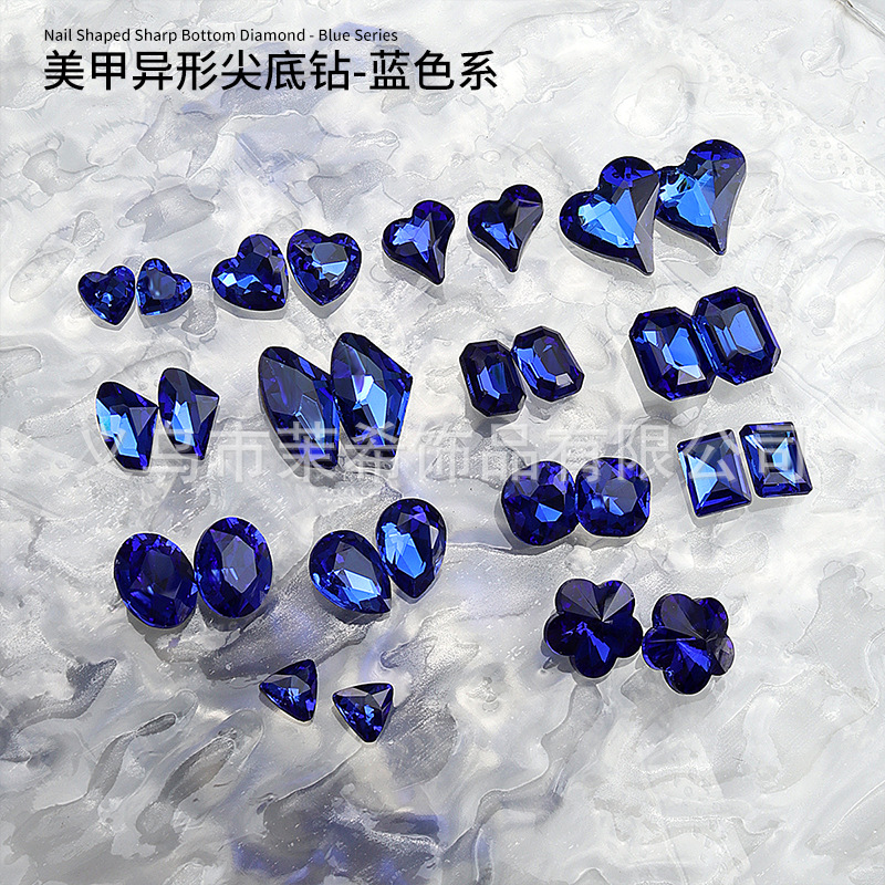 New nail jewelry dark blue gem color special-shaped crystal glass flash Diamond deep sea Sapphire Blue Series nail decoration