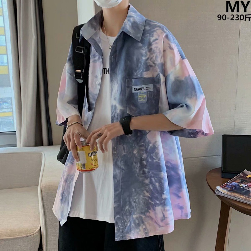 Very Fairy Shirt Men's Short-sleeved Summer Duffy Handsome Tie-dyed Jacket ins Hong Kong Style Japanese Style High-end Fashionable Brand Shirt Clothes