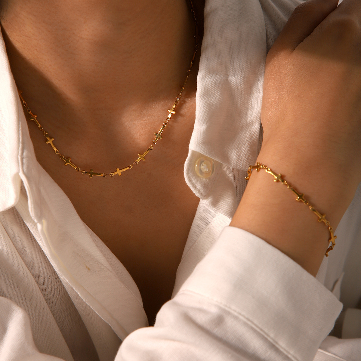 Cross-border European and American Ins Internet Celebrity Titanium Steel Jewelry Cross Chain Stainless Steel Necklace Fashion Personality Titanium Steel Bracelet