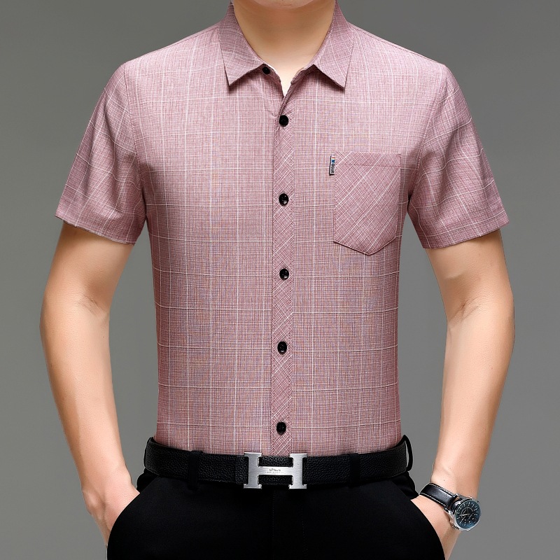 Counter Men's Middle-aged Short-sleeved Linen Shirt with Pocket Summer Casual Plaid High-end Mulberry Silk Non-ironing Shirt