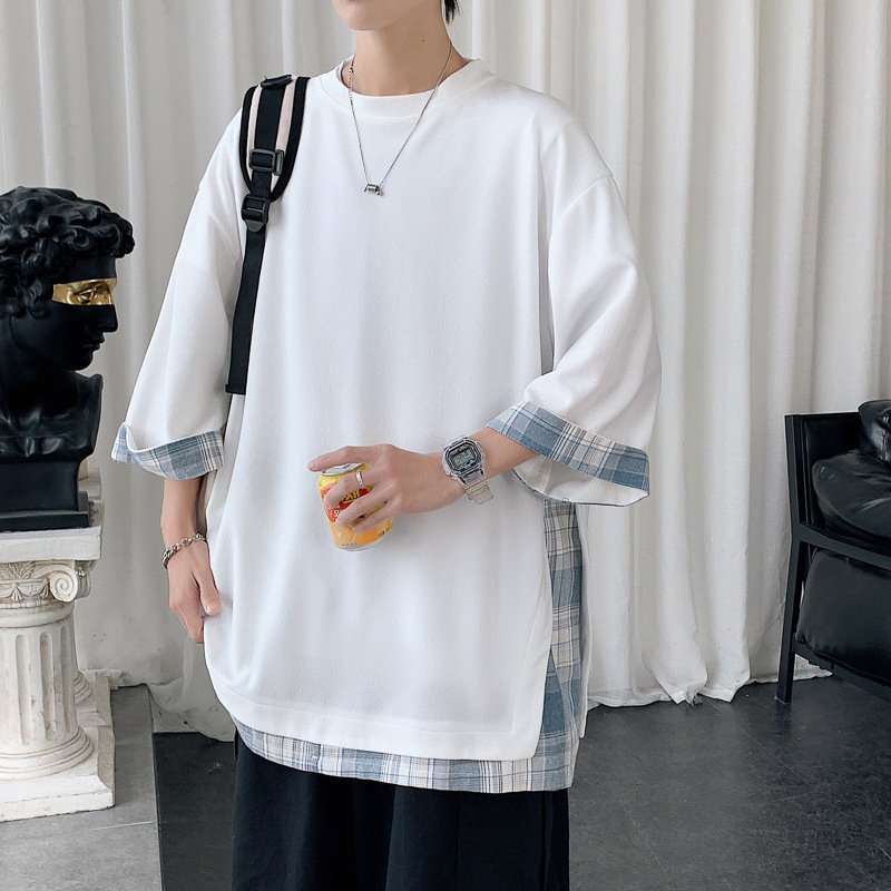 Japanese style fake two-piece short-sleeved T-shirt men's summer fashion brand stitching 300g heavy niche design sense three-quarter sleeve t-shirt