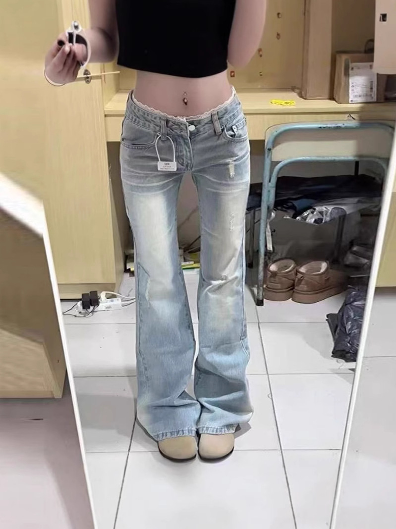 Light-Colored Flared Jeans for Women, New Spring and Autumn Style, Lace Splicing, Low-Waist, Floor-Length, Slim-Fit Design, Bootcut Pants