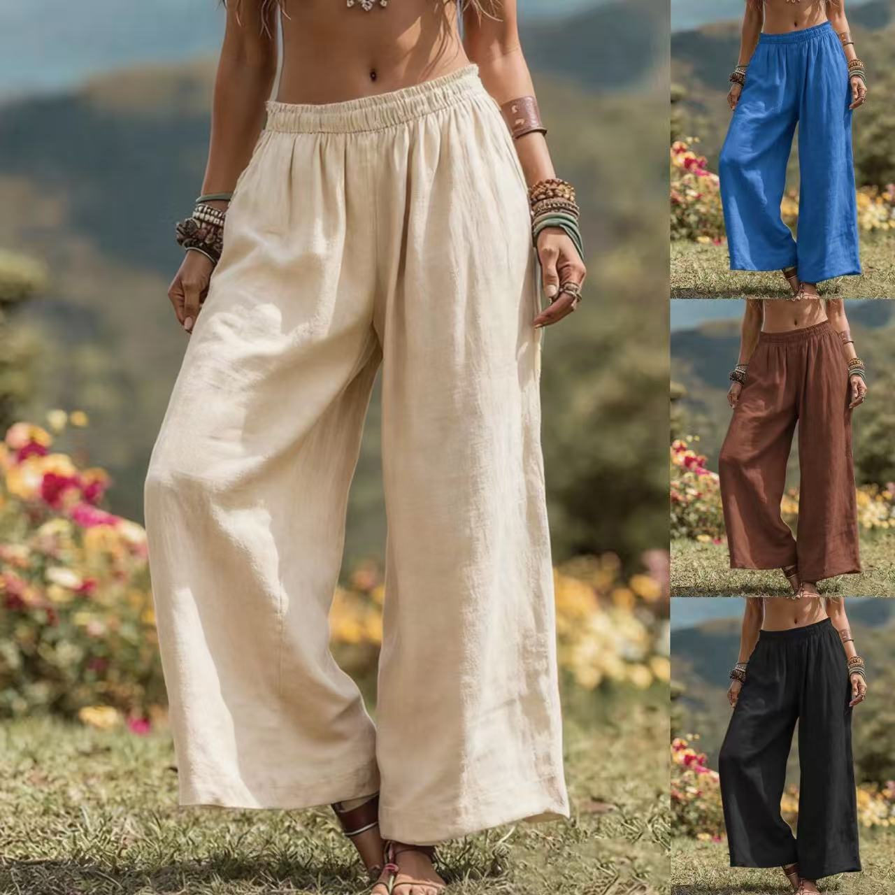 2026 Spring/Summer European and American Cross-Border Amazon New Solid Color Women's Loose Side Pocket Elastic Waist Cotton-Linen Wide-Leg Pants for Women