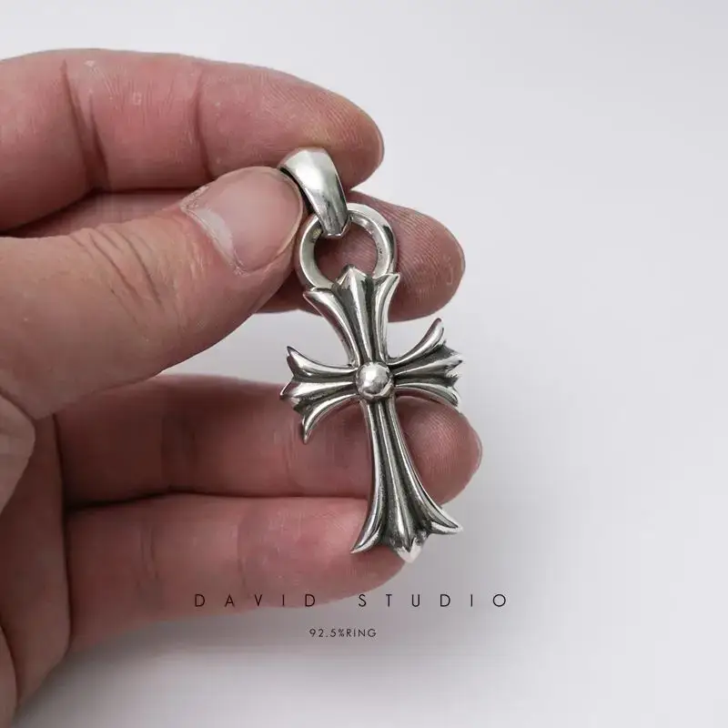 David Studio925 Classic Sterling Silver Cross Necklace Pendant Motorcycle Punk Trendy Pendant Popular Model