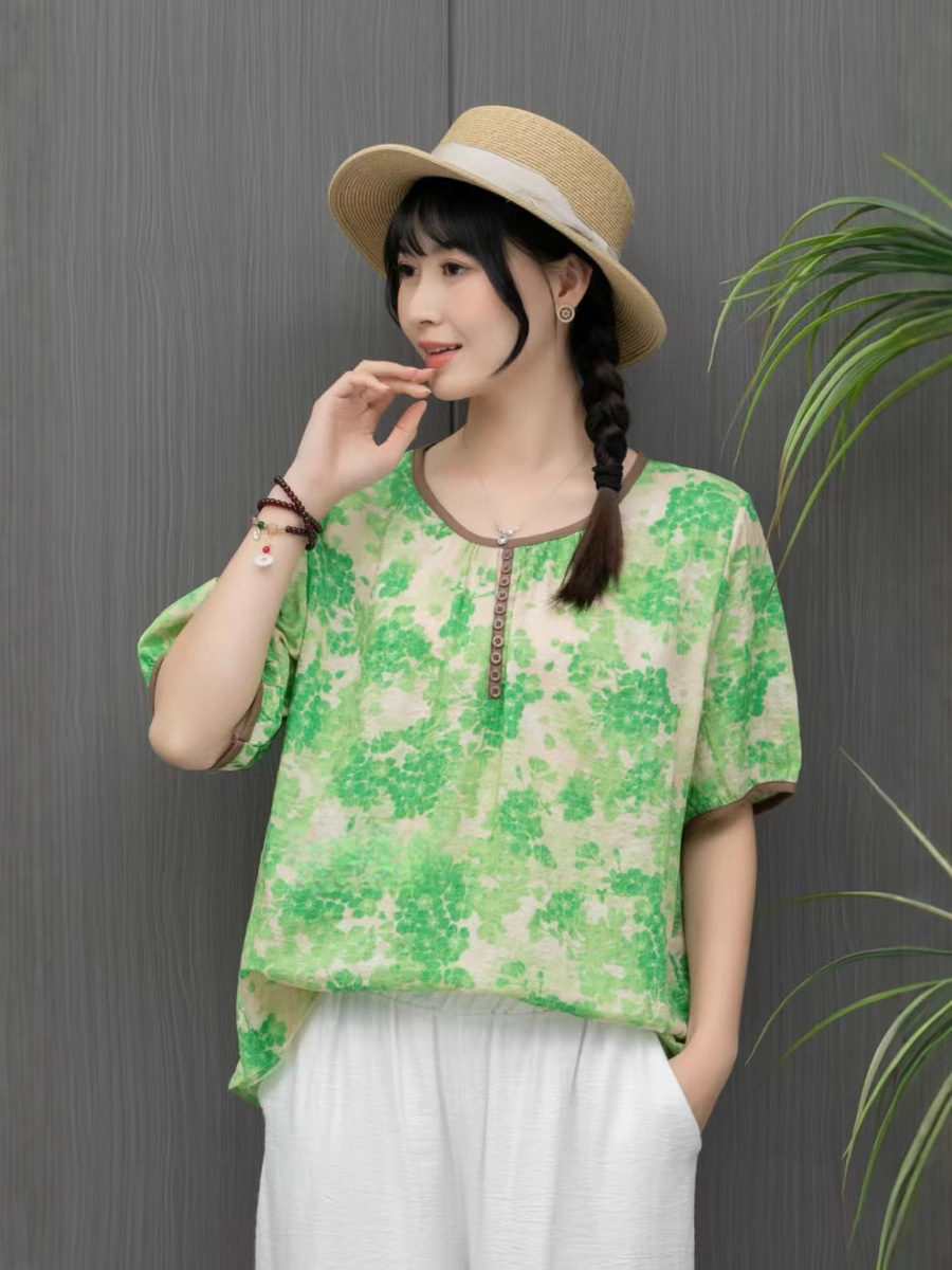 2025 Summer New Artistic Printed Cotton and Linen Shirt Retro Loose plus size Crewneck Pullover Elegant T-shirt for Women