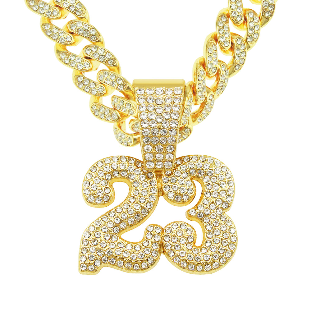 European and American Cool Full Diamond Digital 23 Pendant Necklace Men's Hip-hop Personality Pub Wear Diamond-encrusted Cuban Chain