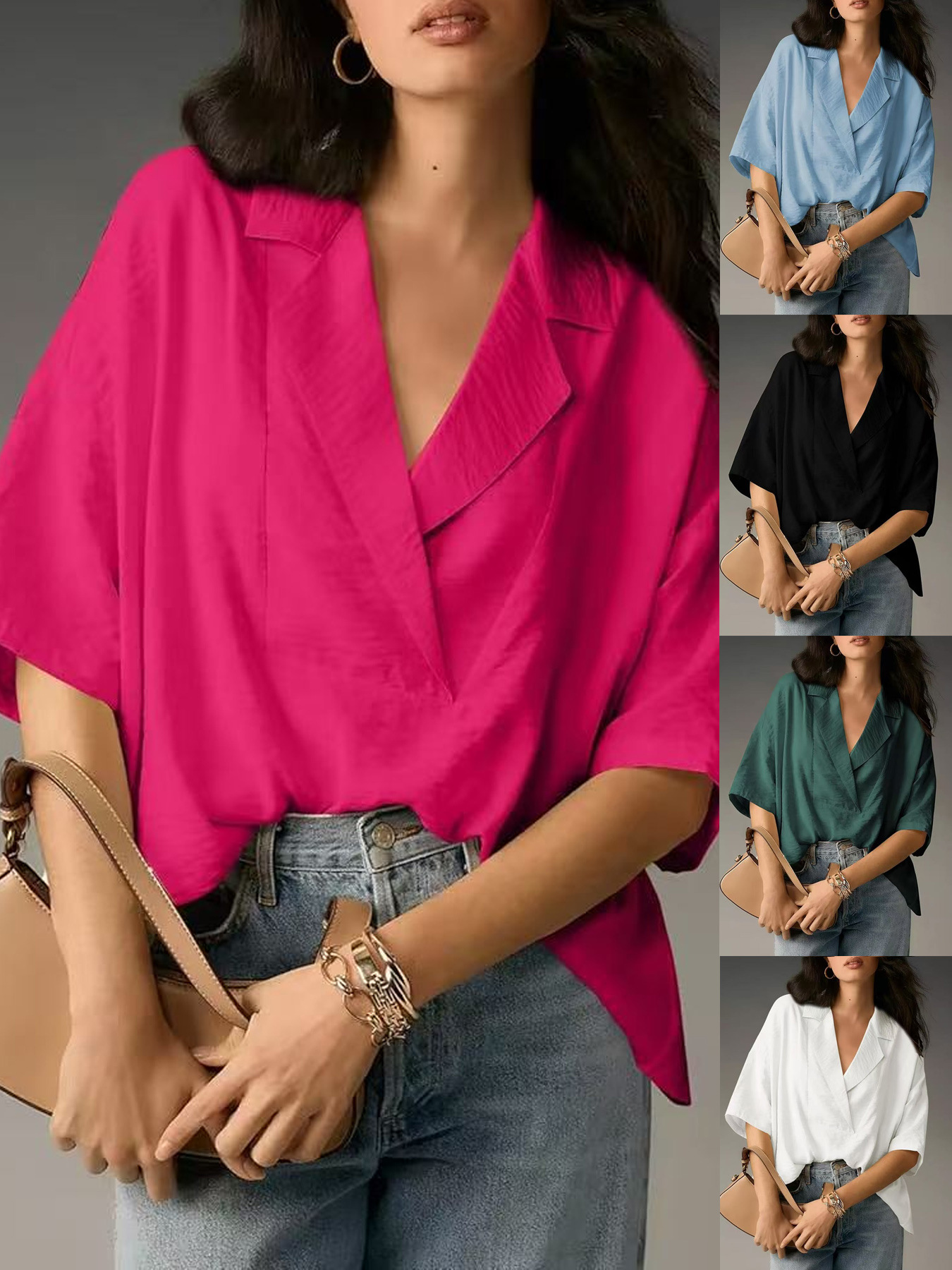 2026 Amazon European and American Foreign Trade Women's New Summer Short-Sleeved Lapel Casual Loose Top Solid Color Shirt