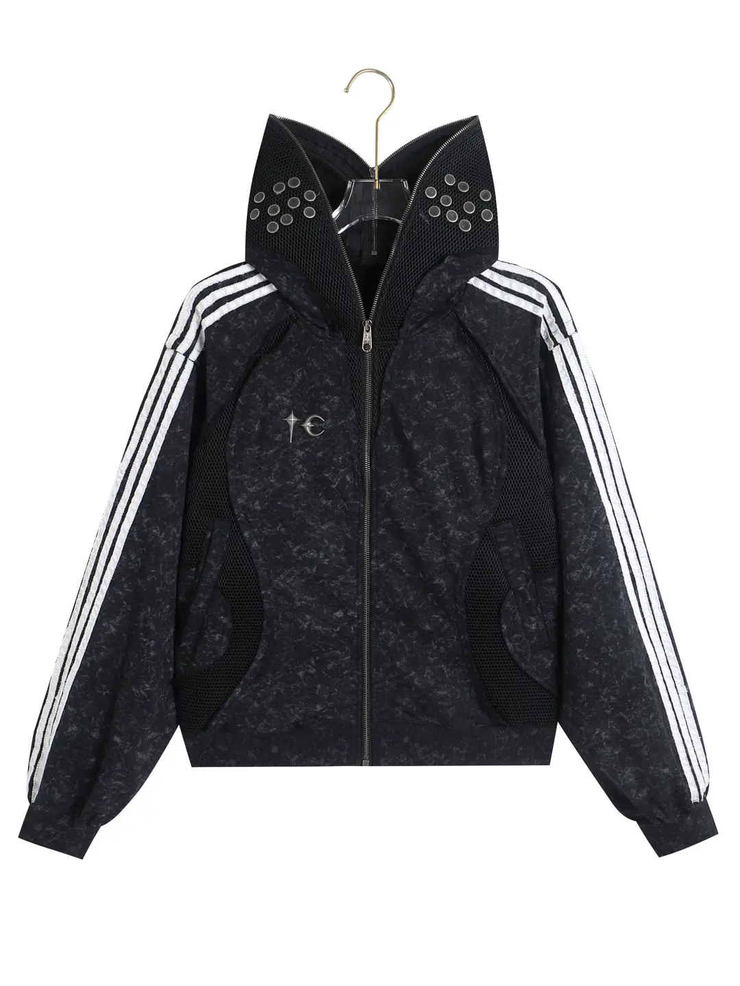 (in Stock) Unbranded Co-Branded Washed Vintage Irregular Mesh Patchwork Hooded Full-Zip Sweatshirt Jacket Trendy