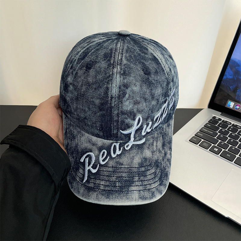 Letter Embroidered Old Denim Baseball Cap Men's American Style Washed Hat Women's Big Head Wai Wide Face Covered Cap