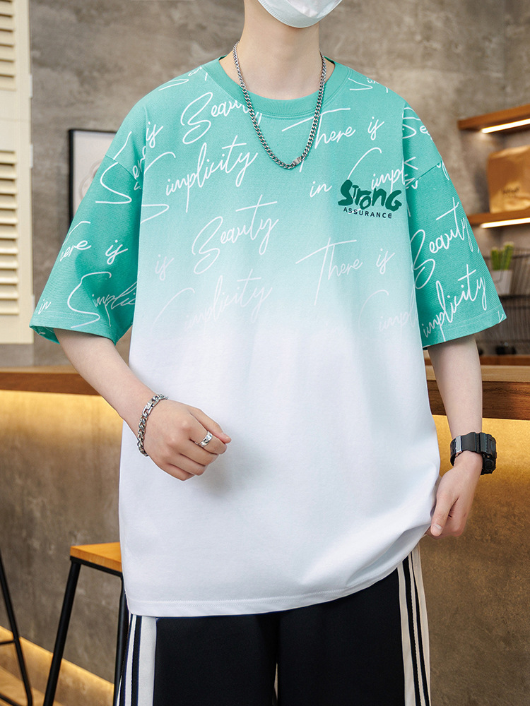 Youth Gradient Short-Sleeved T-Shirt for Boys 12-15 Years Old, Middle and High School Students 13, Handsome Summer Wear 14, Loose-Fitting T-Shirt 16