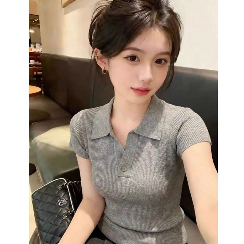 Elegant Old Money Style Polo Shirt for Women, 2026 Spring New Short-Sleeve Slim-Fit Pullover with One Button and Half Open Collar
