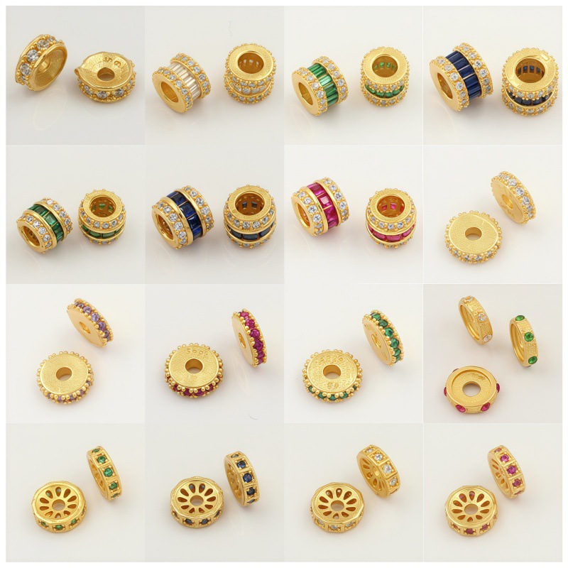S925 Sterling Silver Gold-Plated Colorful Zircon Transfer Bucket Beads Passepartout Separator Large Hole Wheel Beads Pearl Jade Accessories