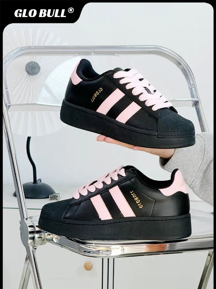 Glo Bull Black and Pink Shell Toe Men's and Women's Shoes Trendy Fashion Easiest for match Casual Shoes Thick Sole Height-Increasing Sneakers Men's Shoes