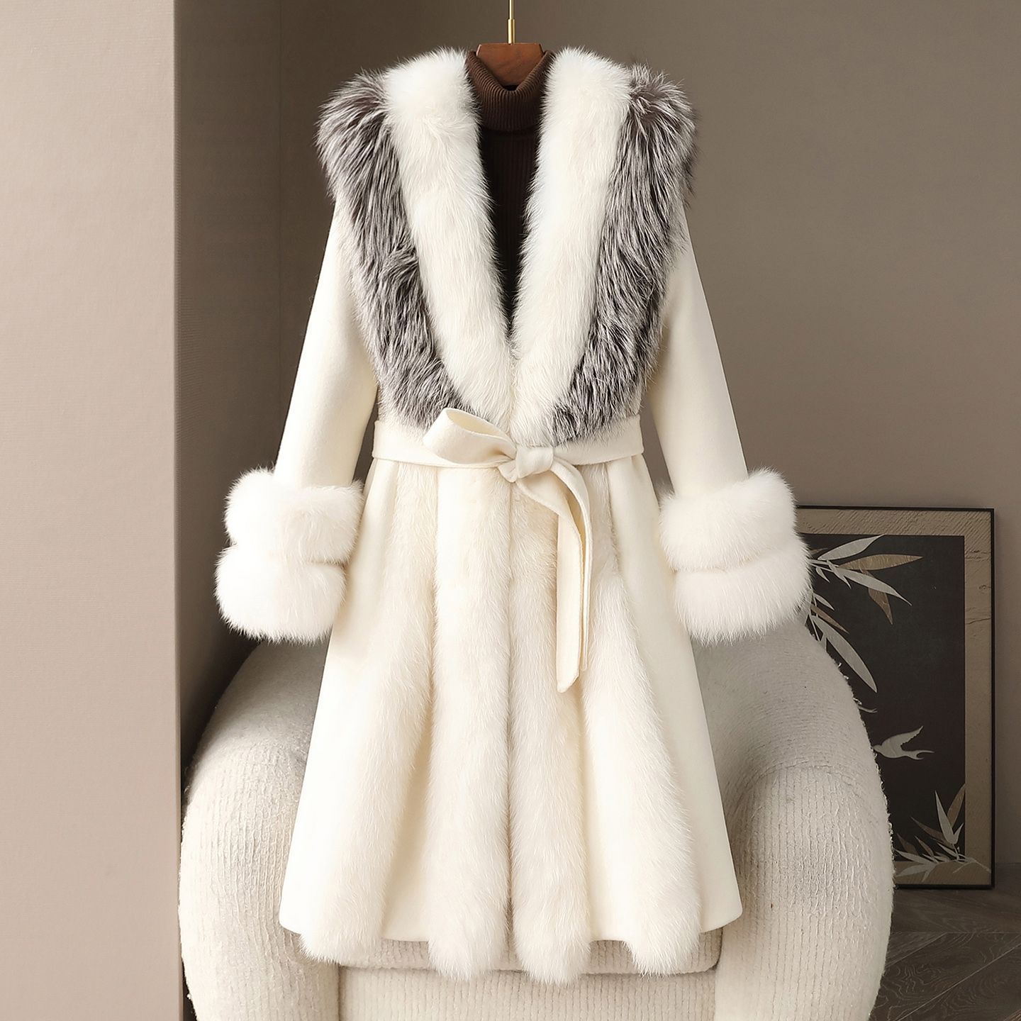 Small Quantity of Clothing 2026 High-End Oversized Fox Fur Collar Fur Coat for Women with White Goose down Lining Double-Sided Wool Coat for Women