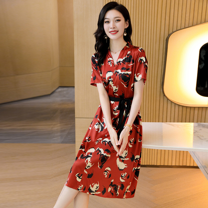 2383 Hangzhou Heavy Silk Dress Women's Korean Style Elegant Fashion All-match Exquisite Printed Mulberry Silk Midi Dress