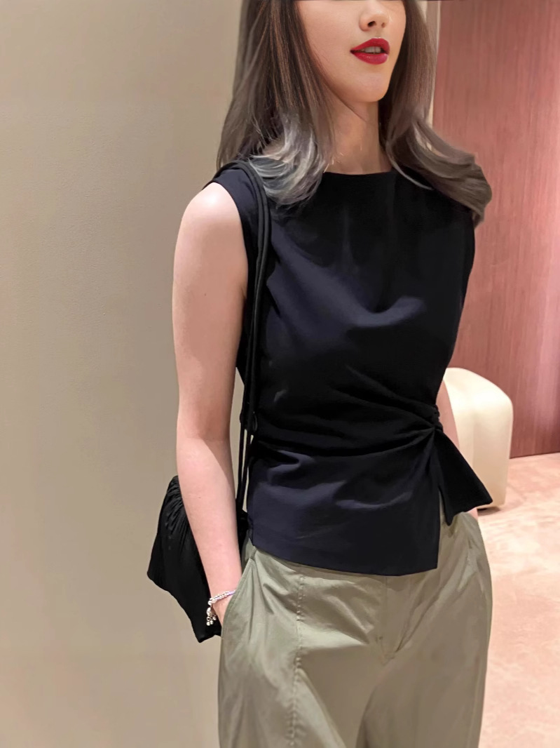 COS Style Women's Summer New All-match Fashionable Slim-fit Boat Collar Grab Pleated Vest Black Top